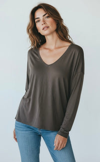 Italian V-Neck Jersey Top-Brown-110 Long Sleeve Tops-FATTURA ACCOMPAGNATORIA-Coastal Bloom Boutique, find the trendiest versions of the popular styles and looks Located in Indialantic, FL
