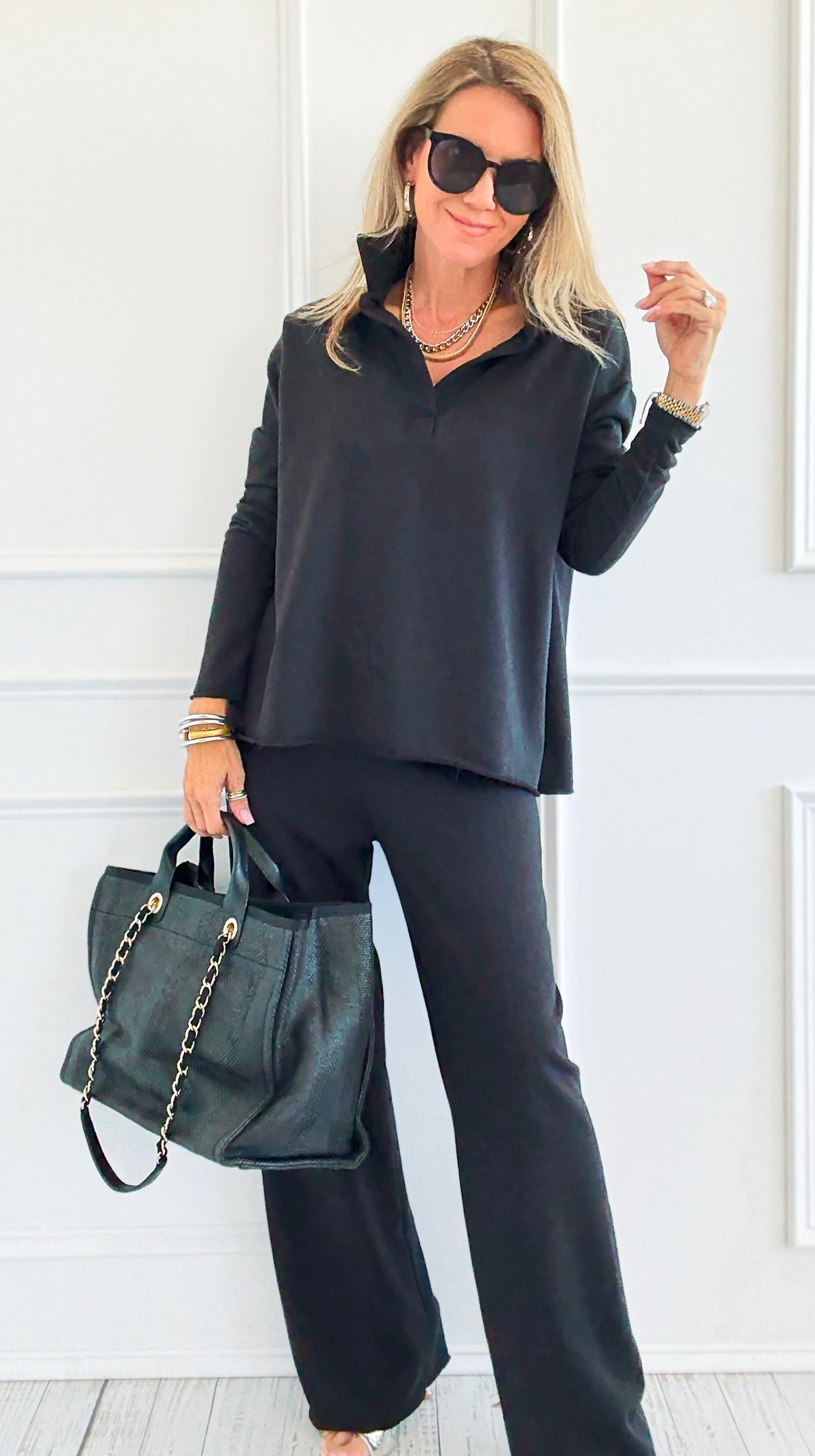 Chic & Cozy Eileen French Terry Pant Set-Black-210 Loungewear/sets-EC COLLECTION INC-Coastal Bloom Boutique, find the trendiest versions of the popular styles and looks Located in Indialantic, FL