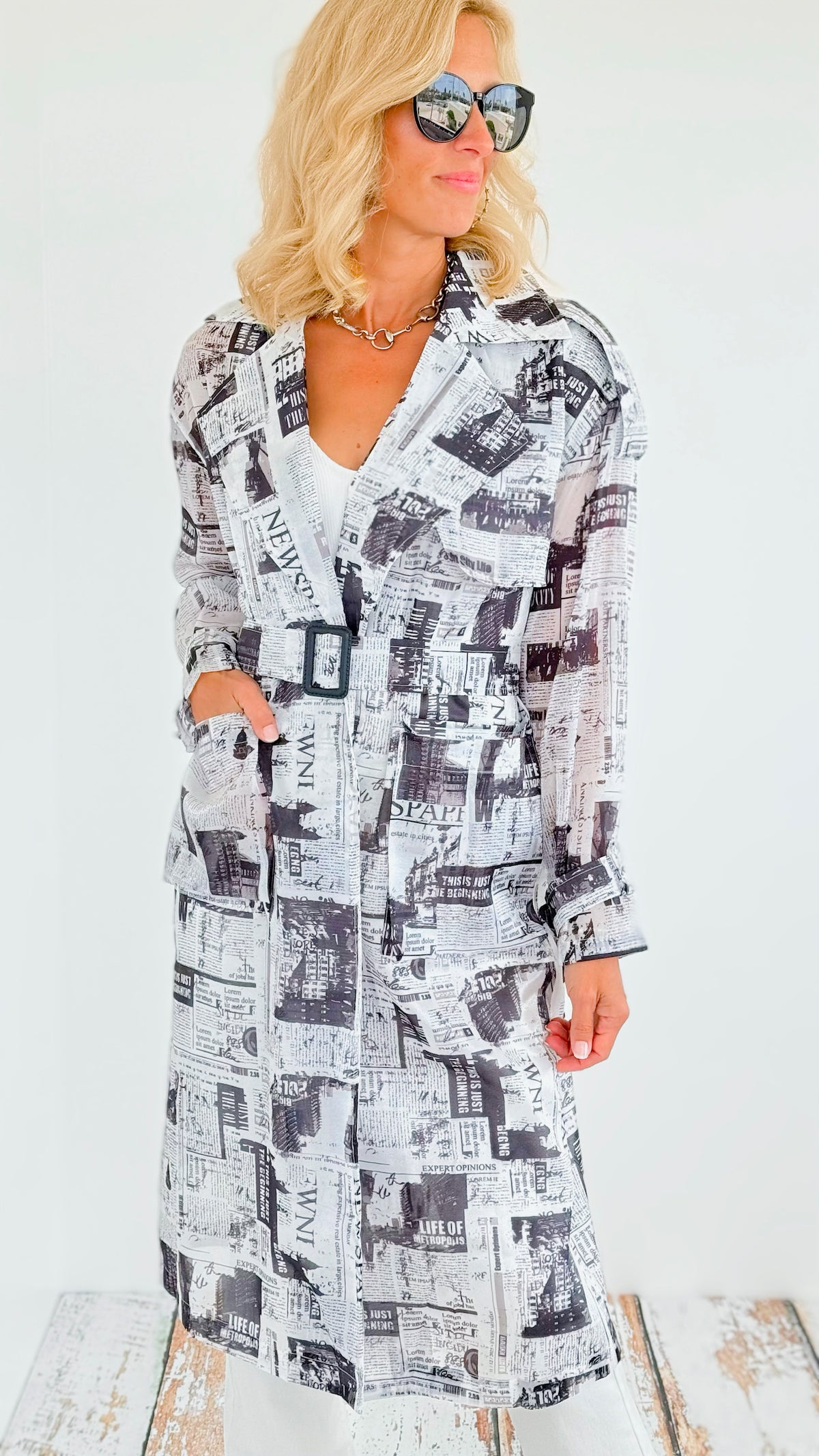 Newspaper Print Belted Trench Dress-200 Dresses/Jumpsuits/Rompers-LA' ROS-Coastal Bloom Boutique, find the trendiest versions of the popular styles and looks Located in Indialantic, FL