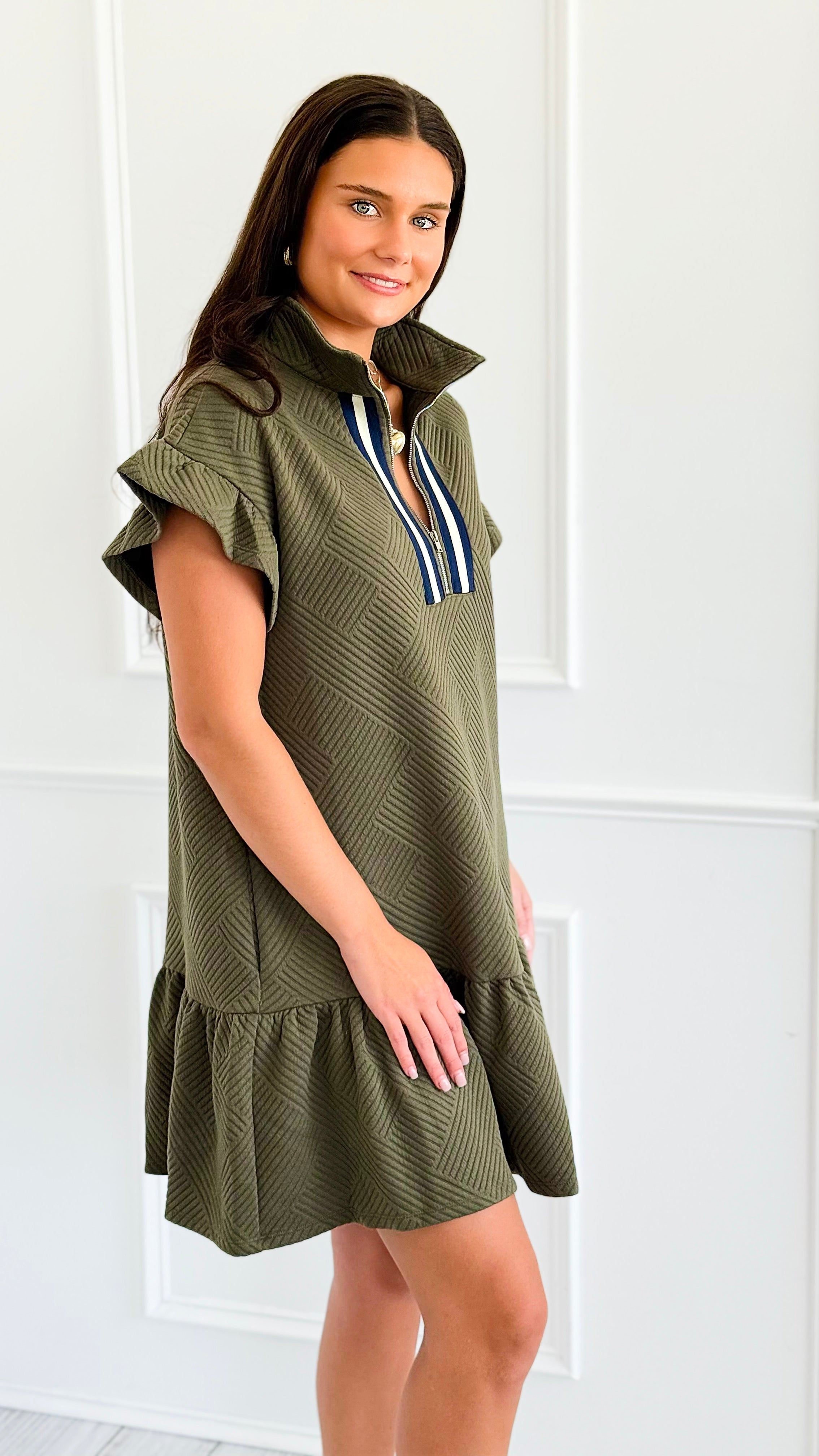 Jet Set Go Quilted Zip Mini Dress - Olive-200 Dresses/Jumpsuits/Rompers-she + sky-Coastal Bloom Boutique, find the trendiest versions of the popular styles and looks Located in Indialantic, FL