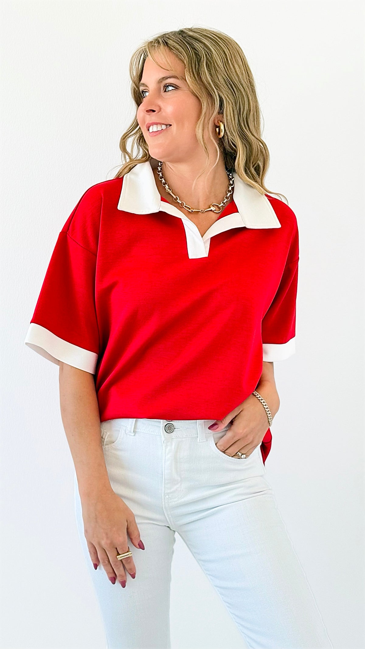 Contrast Chic Collared Top -Red-110 short Sleeve Top-Jodifl-Coastal Bloom Boutique, find the trendiest versions of the popular styles and looks Located in Indialantic, FL