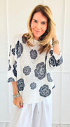 Noir Petals Short Sleeve Italian St Tropez Knit- Black-140 Sweaters-Italianissimo-Coastal Bloom Boutique, find the trendiest versions of the popular styles and looks Located in Indialantic, FL