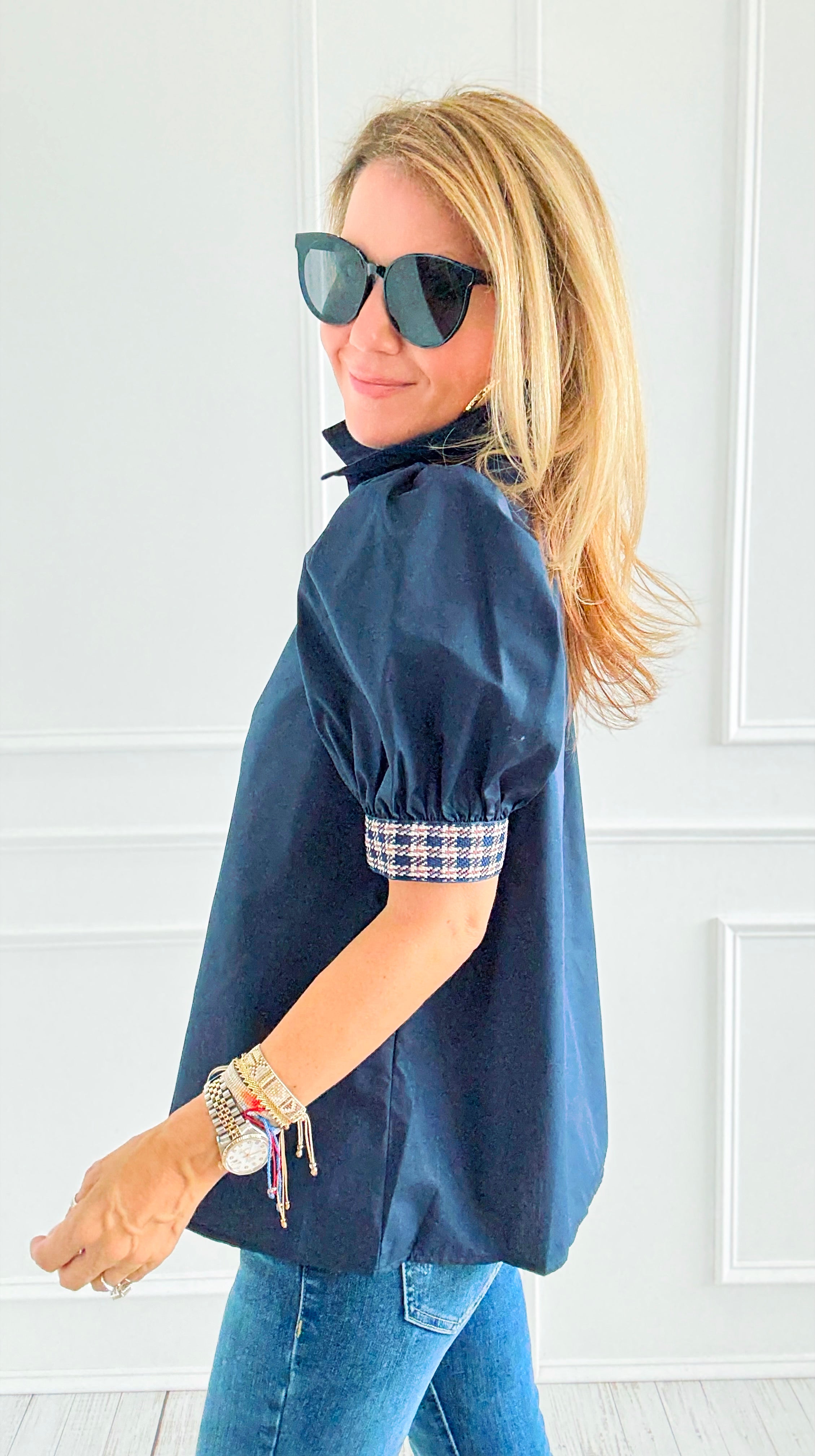 Checked Charm Puff Sleeve Top-110 Short Sleeve Tops-entro-Coastal Bloom Boutique, find the trendiest versions of the popular styles and looks Located in Indialantic, FL
