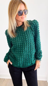 Puff Party Checkered Sweater - Emerald-130 Long Sleeve Tops-JODIFL-Coastal Bloom Boutique, find the trendiest versions of the popular styles and looks Located in Indialantic, FL