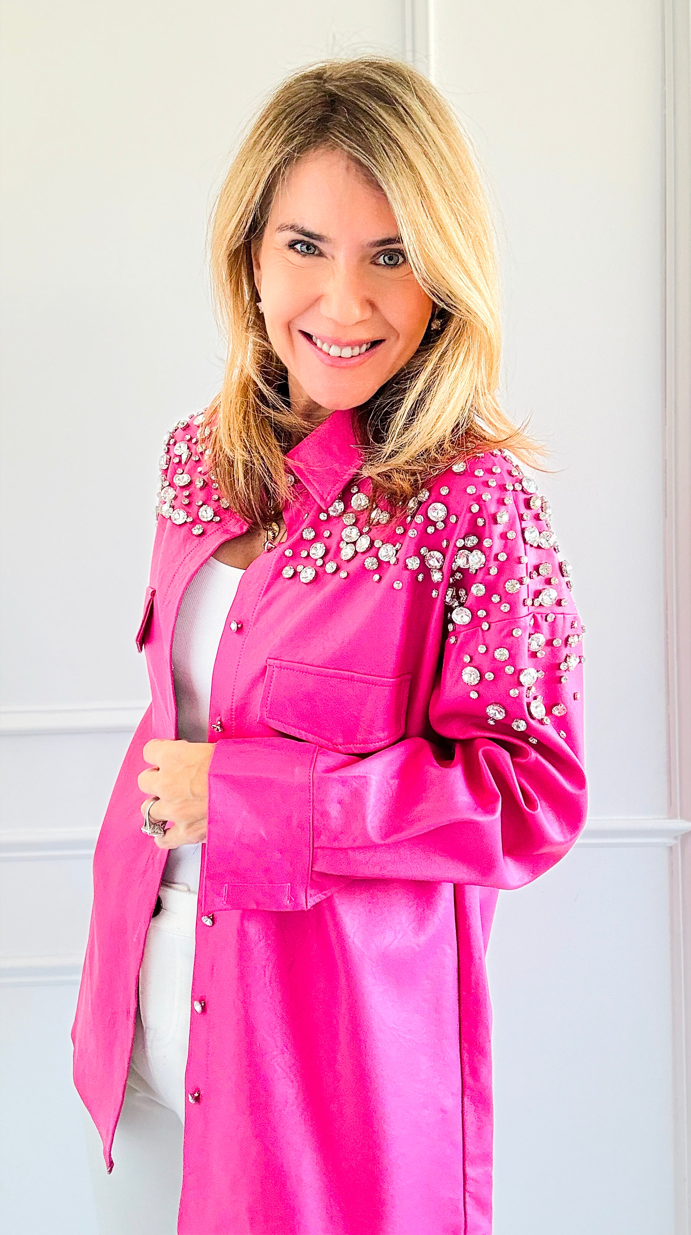 Shimmering Elegance Button-Down Jacket - Pink-160 Jackets-SALT-Coastal Bloom Boutique, find the trendiest versions of the popular styles and looks Located in Indialantic, FL