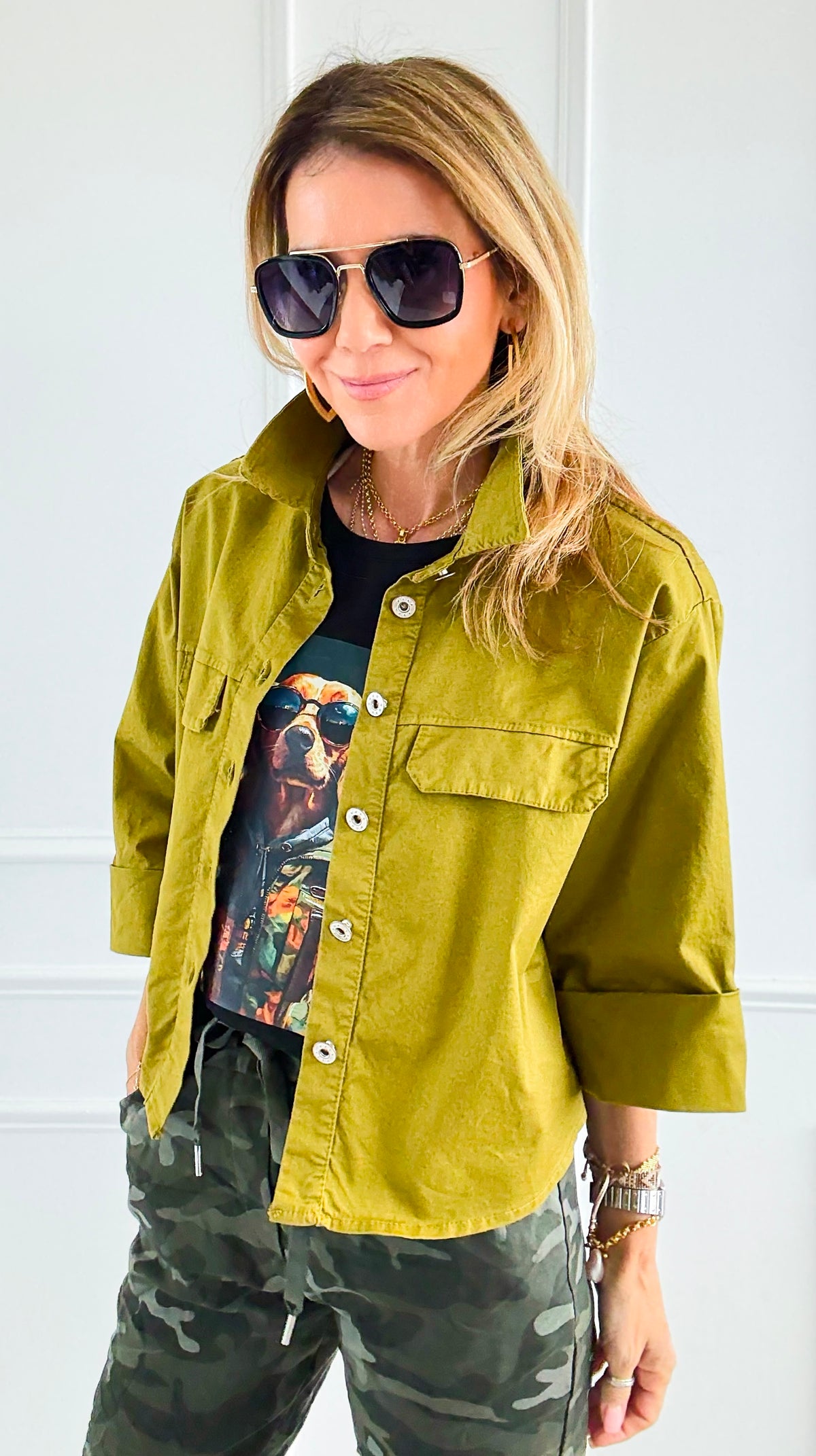 Everyday Cropped Italian Button- Down Top- Pistachio