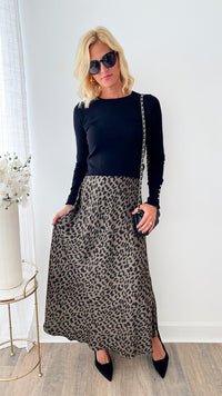 Wild Spotted Brooklyn Italian Satin Midi Skirt-170 Bottoms-Germany-Coastal Bloom Boutique, find the trendiest versions of the popular styles and looks Located in Indialantic, FL