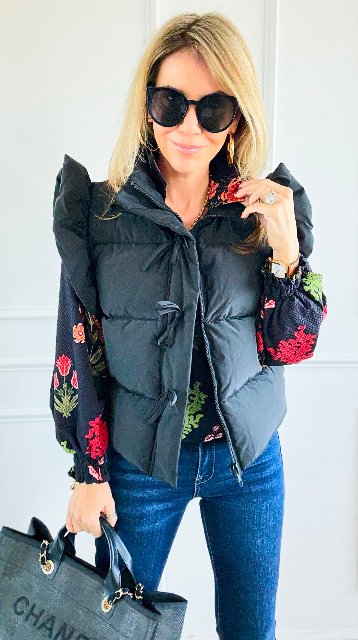 Ruffle & Ready Bow Puffer Vest - Black-vest-Jodifl-Coastal Bloom Boutique, find the trendiest versions of the popular styles and looks Located in Indialantic, FL