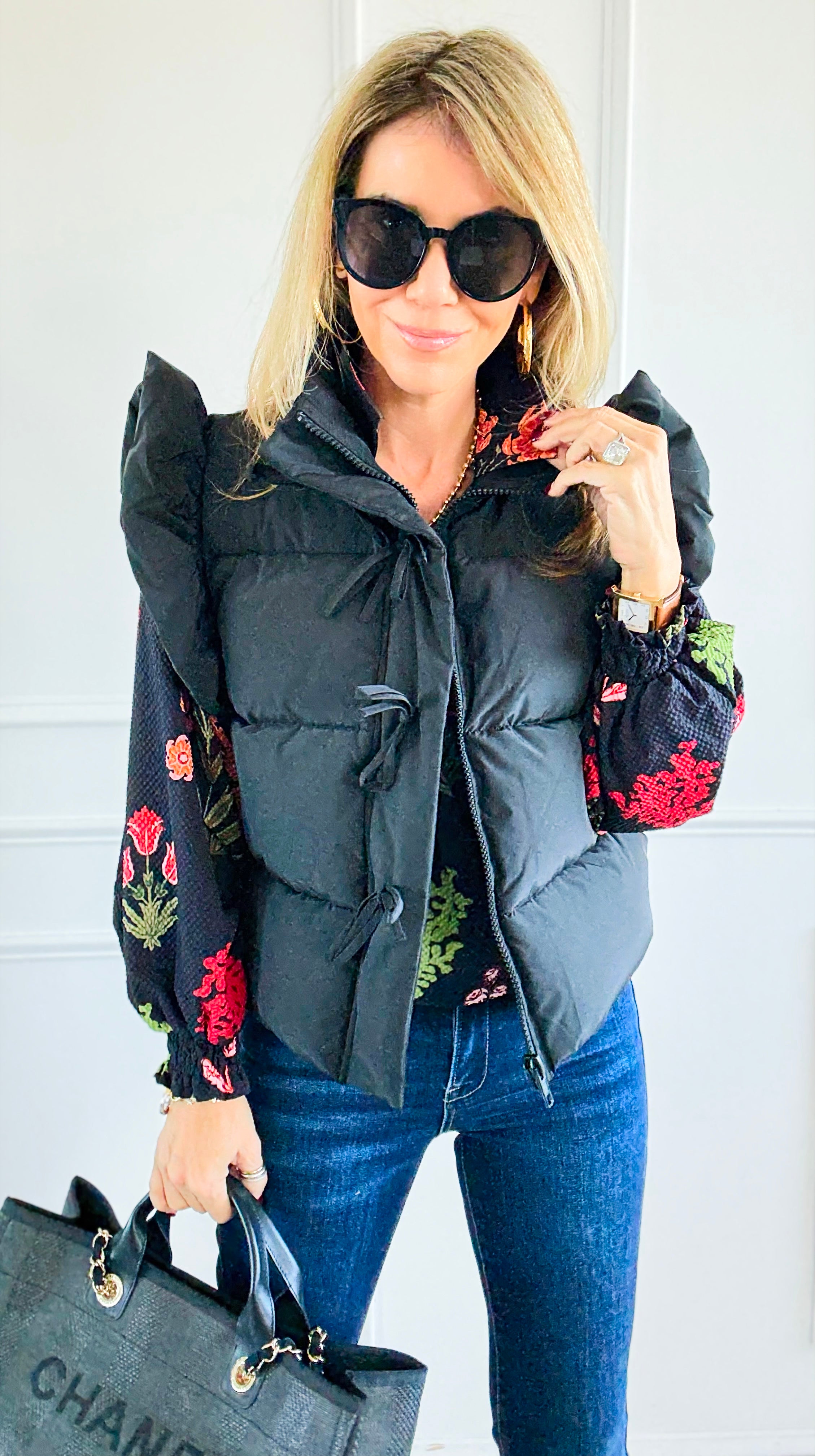 Ruffle & Ready Bow Puffer Vest - Black-vest-Jodifl-Coastal Bloom Boutique, find the trendiest versions of the popular styles and looks Located in Indialantic, FL