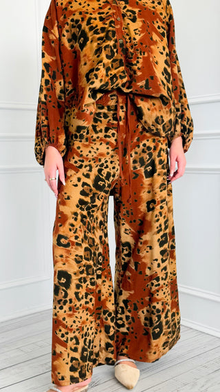 Spiced Leopard Wide Leg Italian Pant- Rust