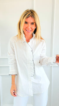 Ruffle Contour Elegance Italian Button Top- White