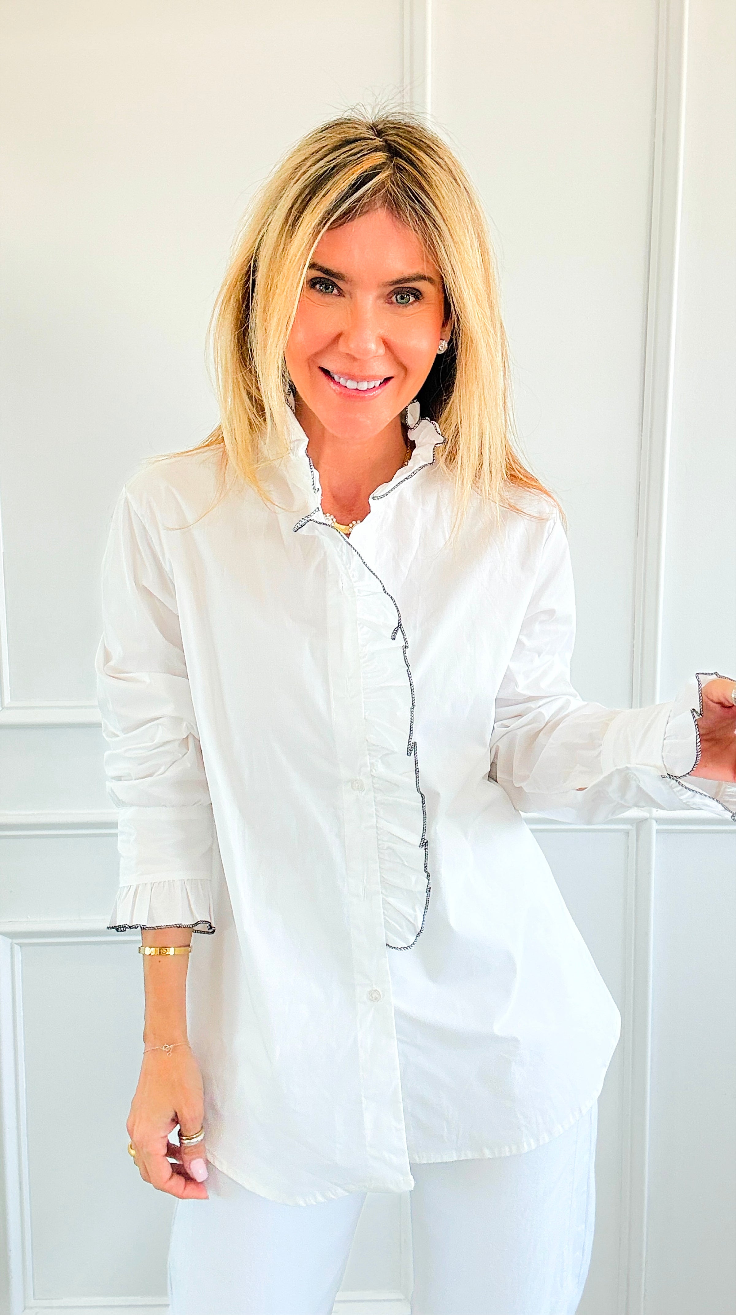 Ruffle Contour Elegance Italian Button Top- White