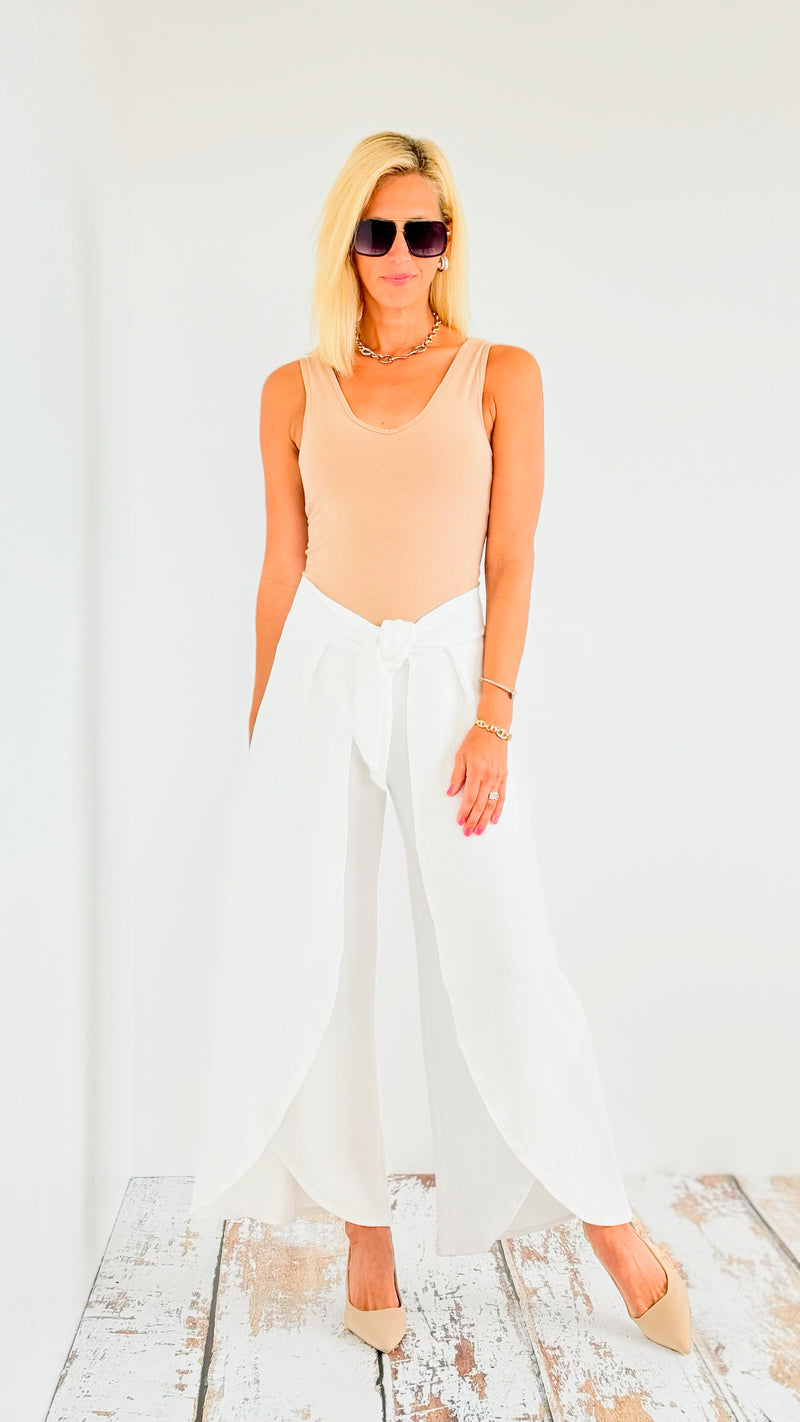 High-Waisted Split-Leg Pants with Front Tie - White-pants-BucketList-Coastal Bloom Boutique, find the trendiest versions of the popular styles and looks Located in Indialantic, FL