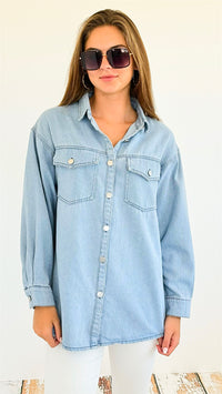 Smiley Print Denim Shirt-130 Long Sleeve Tops-Rousseau-Coastal Bloom Boutique, find the trendiest versions of the popular styles and looks Located in Indialantic, FL