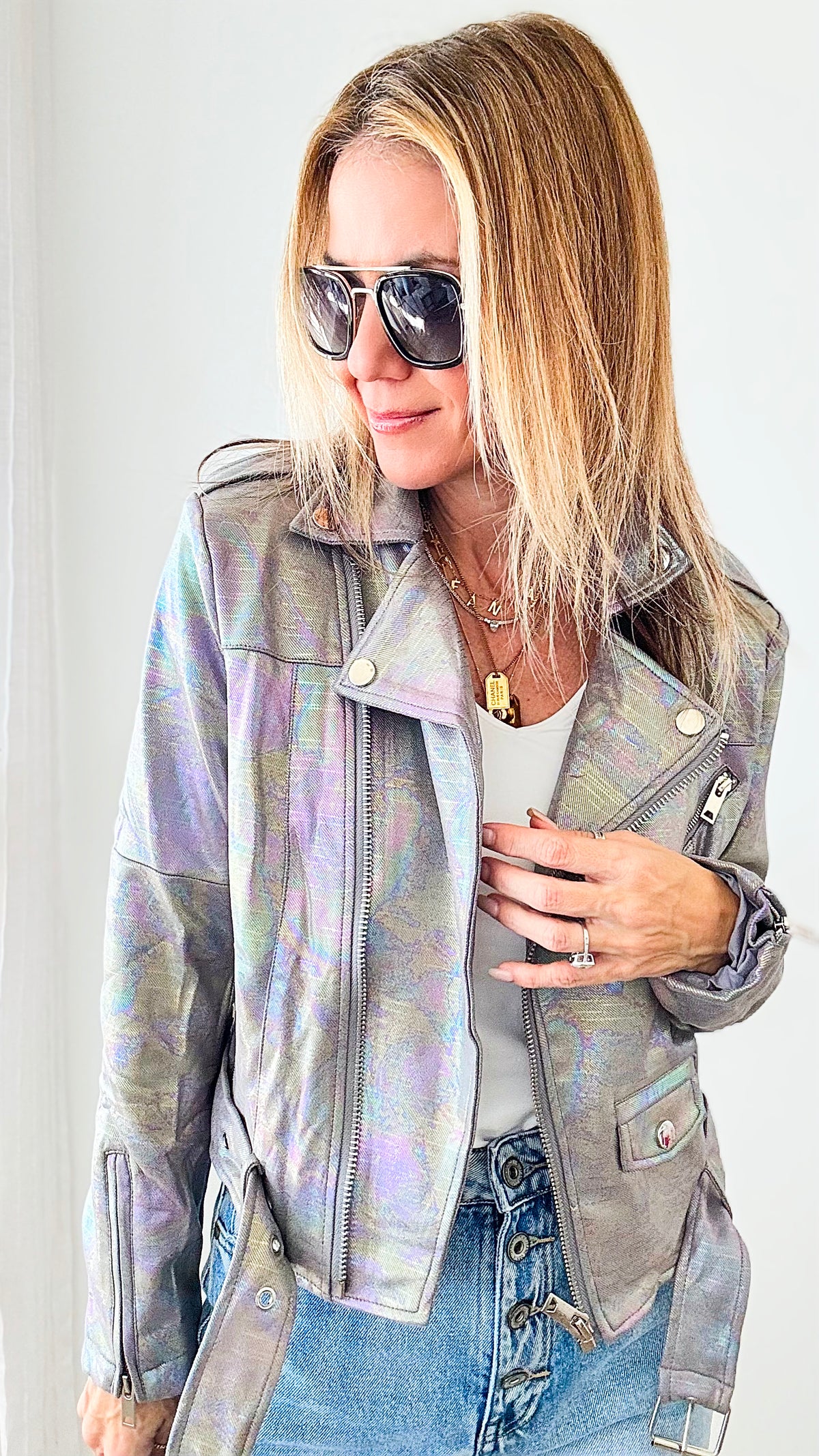 PRE ORDER Holographic Metallic Jacket - Silver Grey-160 Jackets-Michel-Coastal Bloom Boutique, find the trendiest versions of the popular styles and looks Located in Indialantic, FL