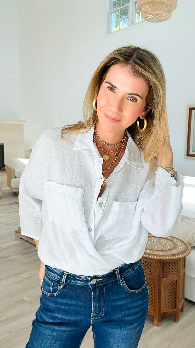 Pure Breeze Linen Italian Button Top- White-110 short Sleeve Top-Italianissimo-Coastal Bloom Boutique, find the trendiest versions of the popular styles and looks Located in Indialantic, FL