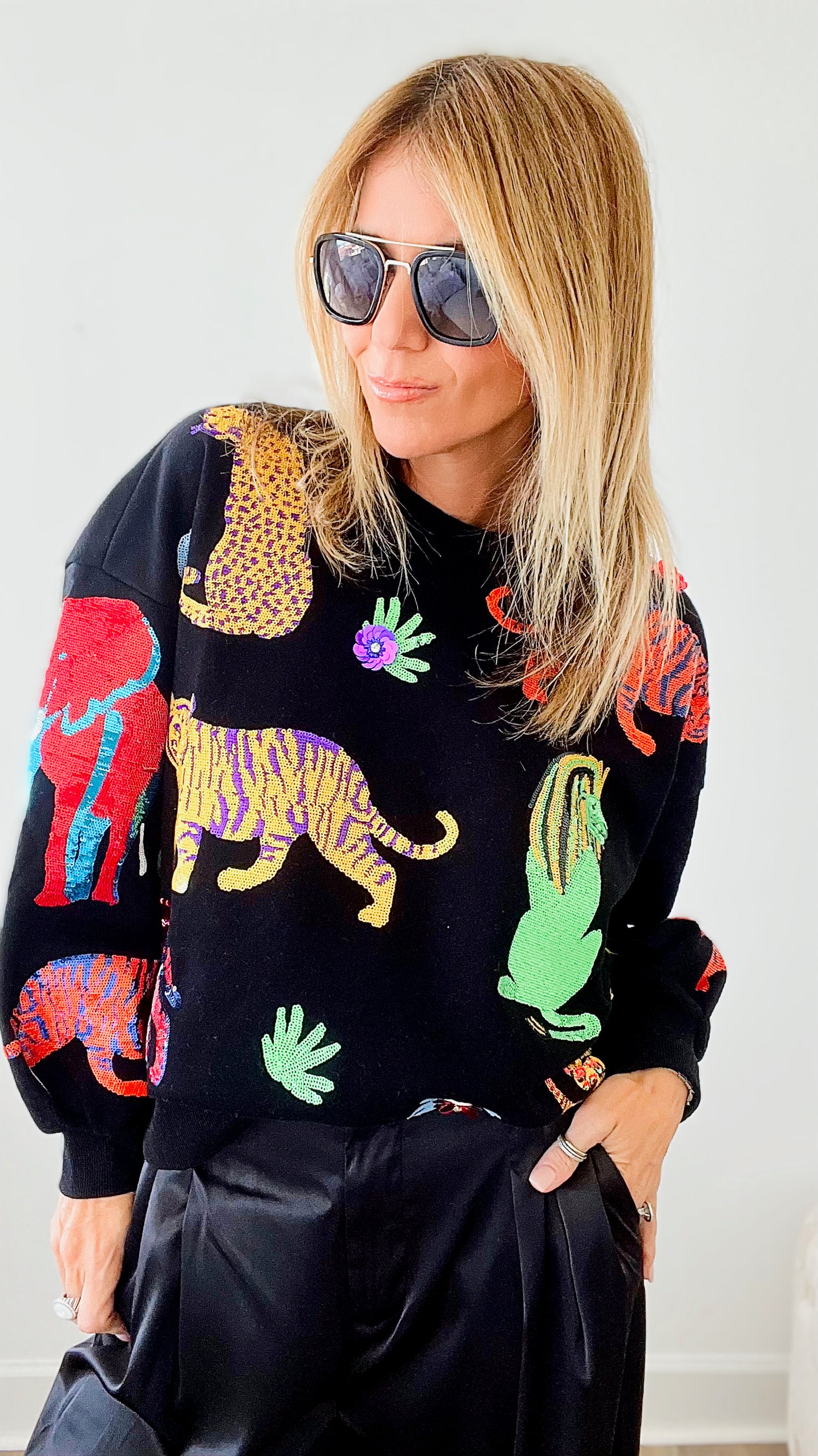 Walk About The Zoo Queen of Sparkles Sweatshirt - Black-130 Long Sleeve Tops-Queen of Sparkles-Coastal Bloom Boutique, find the trendiest versions of the popular styles and looks Located in Indialantic, FL