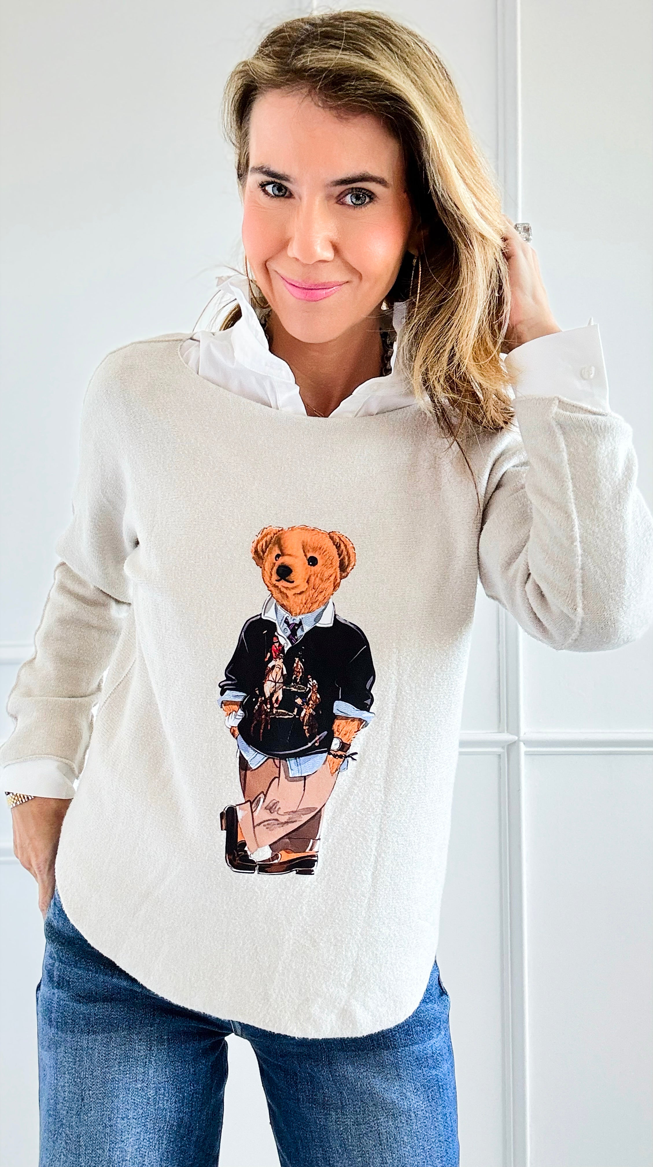 Jerry The Bear Italian Pullover- Ecru-140 Sweaters-Italianissimo-Coastal Bloom Boutique, find the trendiest versions of the popular styles and looks Located in Indialantic, FL