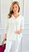 Polished Collar Knit Polo Top - Ivory-130 Long Sleeve Tops-ROUSSEAU-Coastal Bloom Boutique, find the trendiest versions of the popular styles and looks Located in Indialantic, FL