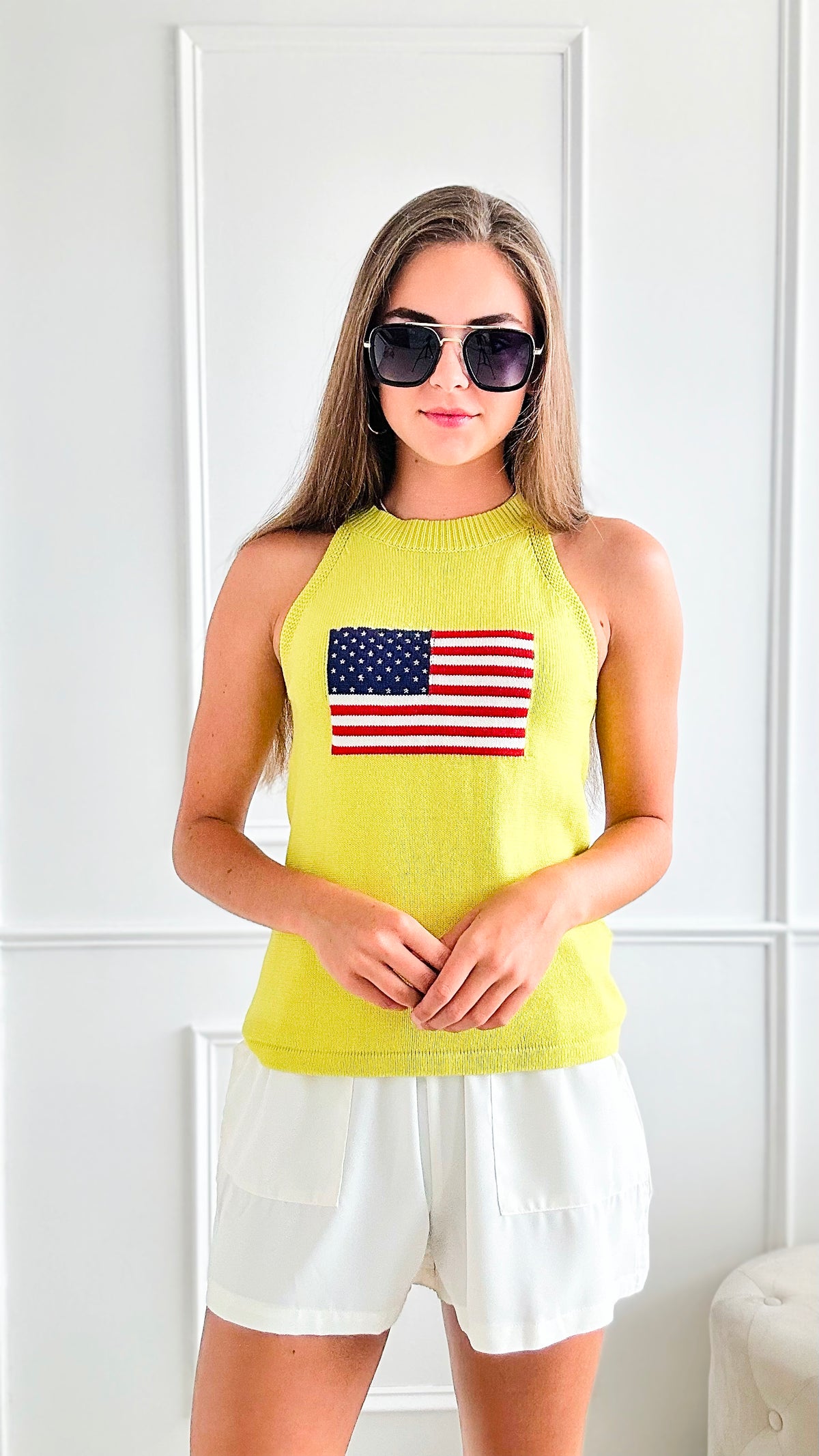 American Flag Knitted Tank Top - Lime-100 Sleeveless Tops-Anniewear-Coastal Bloom Boutique, find the trendiest versions of the popular styles and looks Located in Indialantic, FL