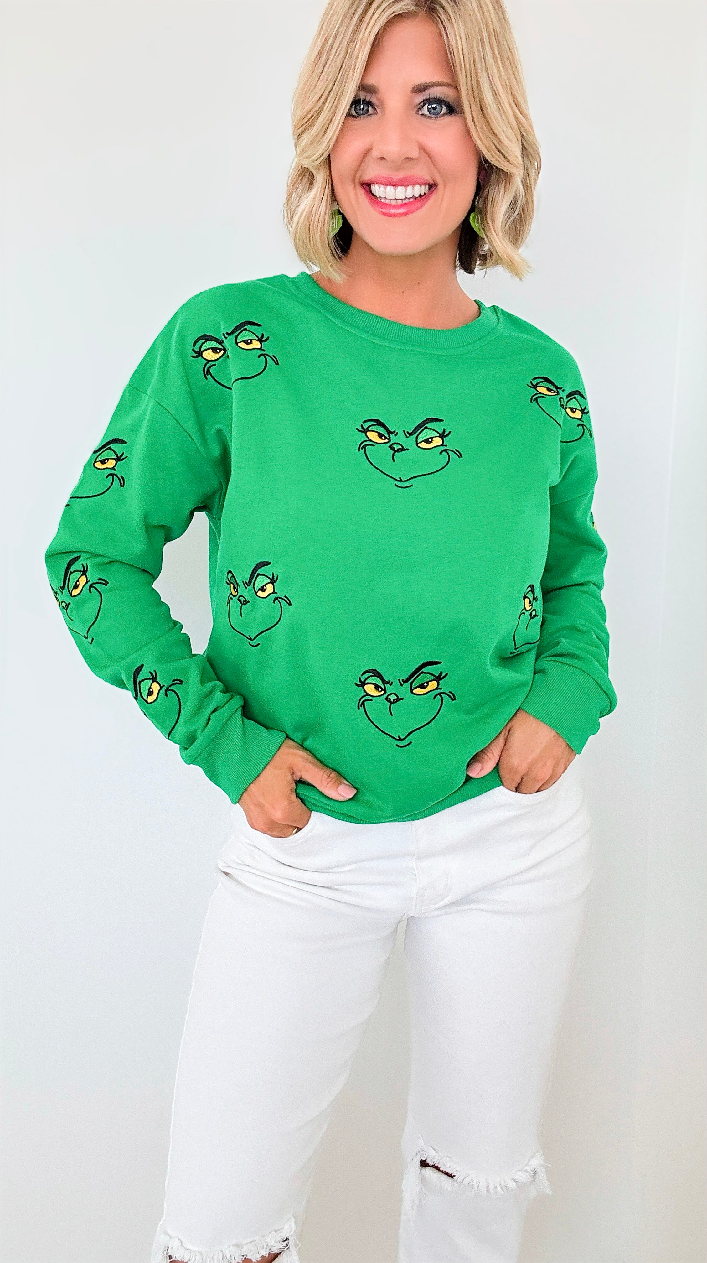 Grinch Embellished Sweatshirt-130 Long Sleeve Tops-Why Dress-Coastal Bloom Boutique, find the trendiest versions of the popular styles and looks Located in Indialantic, FL