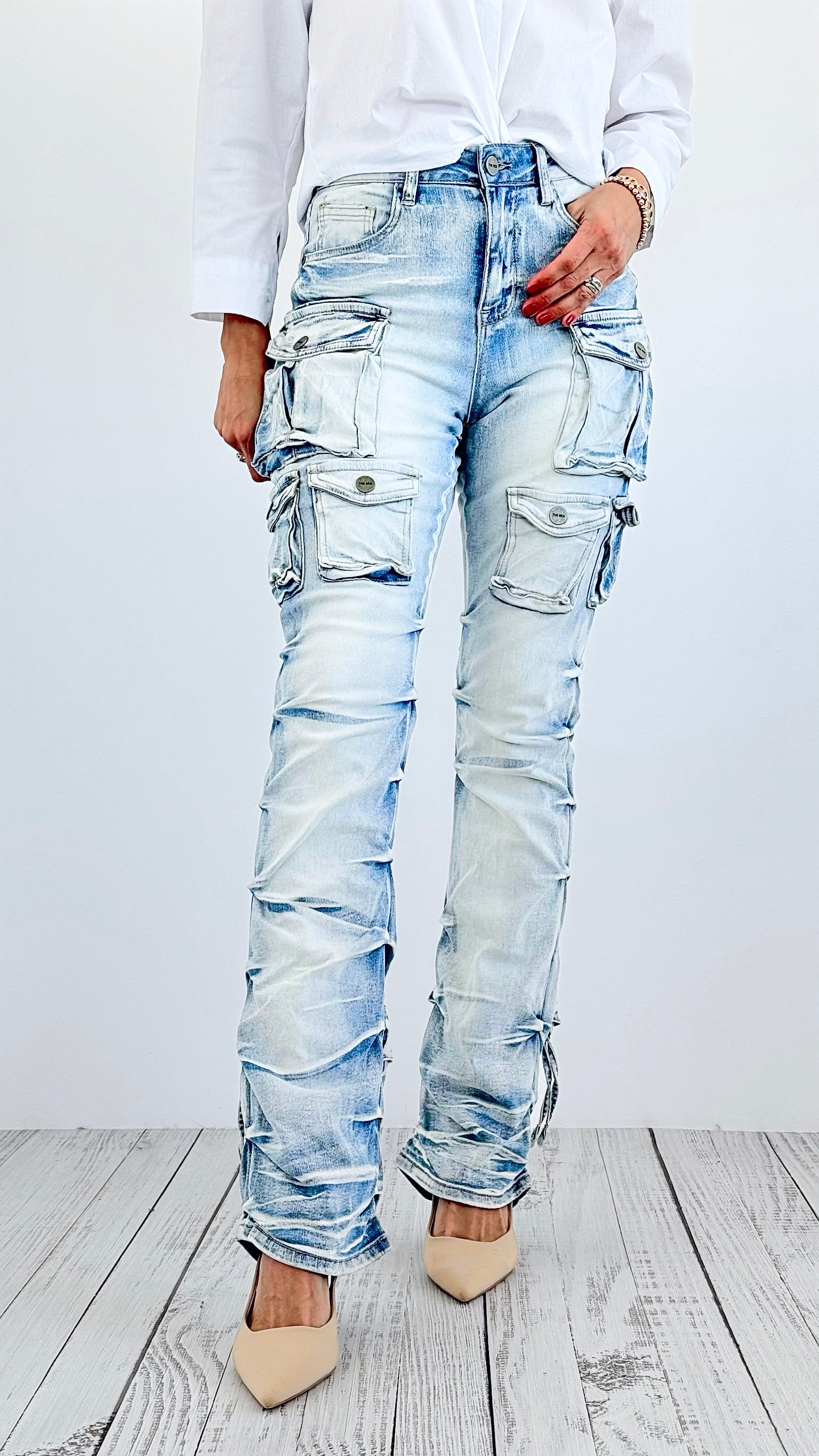 Street Style Cargo Denim Pants - Light Washed Denim-170 Bottoms-SMOKE RISE RED-Coastal Bloom Boutique, find the trendiest versions of the popular styles and looks Located in Indialantic, FL