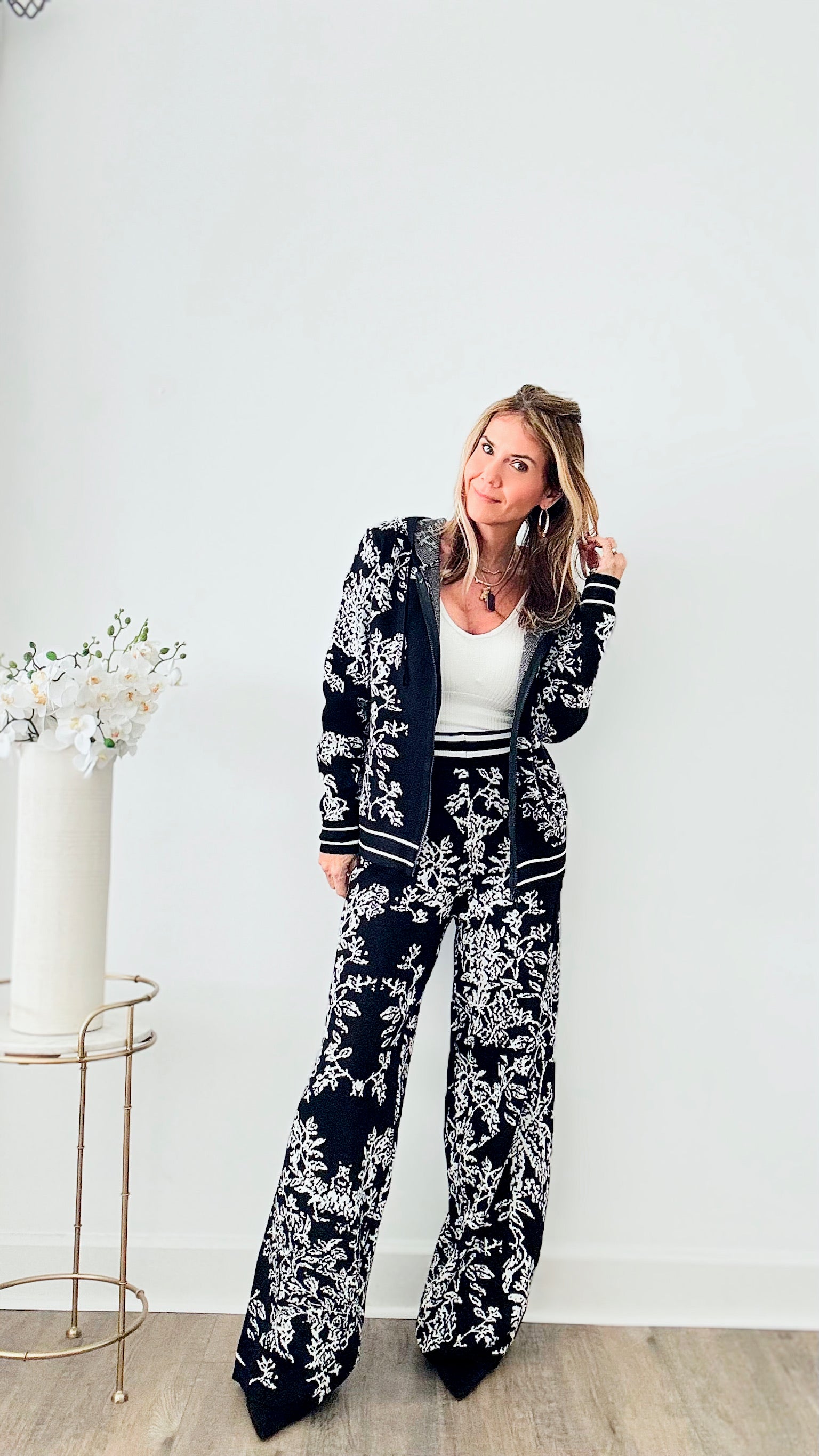 Adiorable Floral Tapestry Knit Zip Up Set - Black-130 Long sleeve top-Chasing Bandits-Coastal Bloom Boutique, find the trendiest versions of the popular styles and looks Located in Indialantic, FL