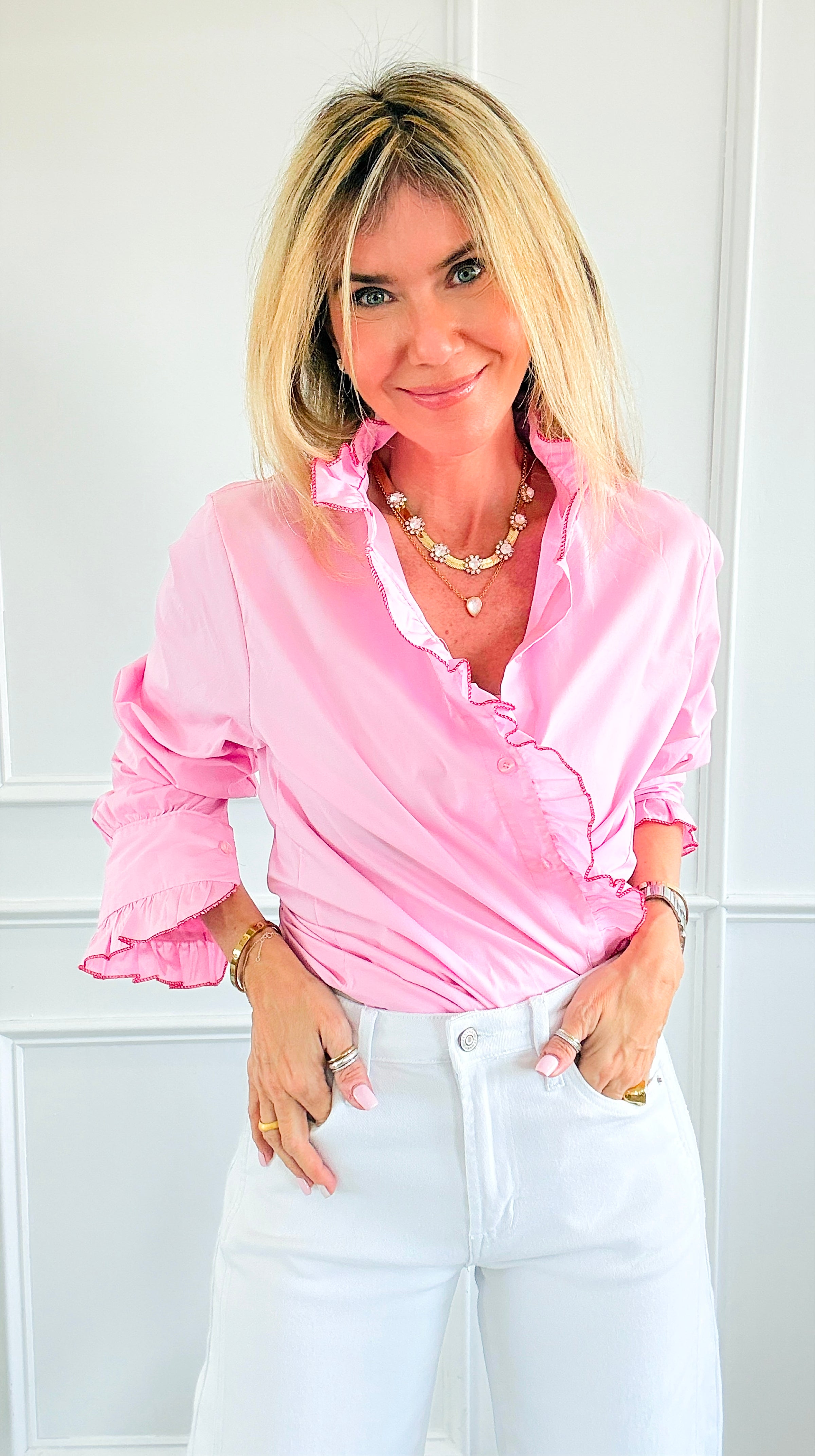 Ruffle Contour Elegance Italian Button Top- Pink