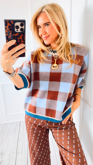 Checkered Knit Sweater Top