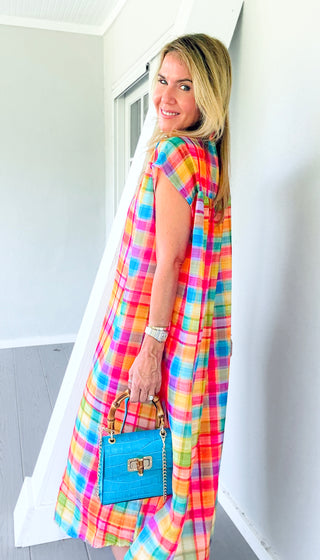 Rainbow Plaid Italian Button Dress
