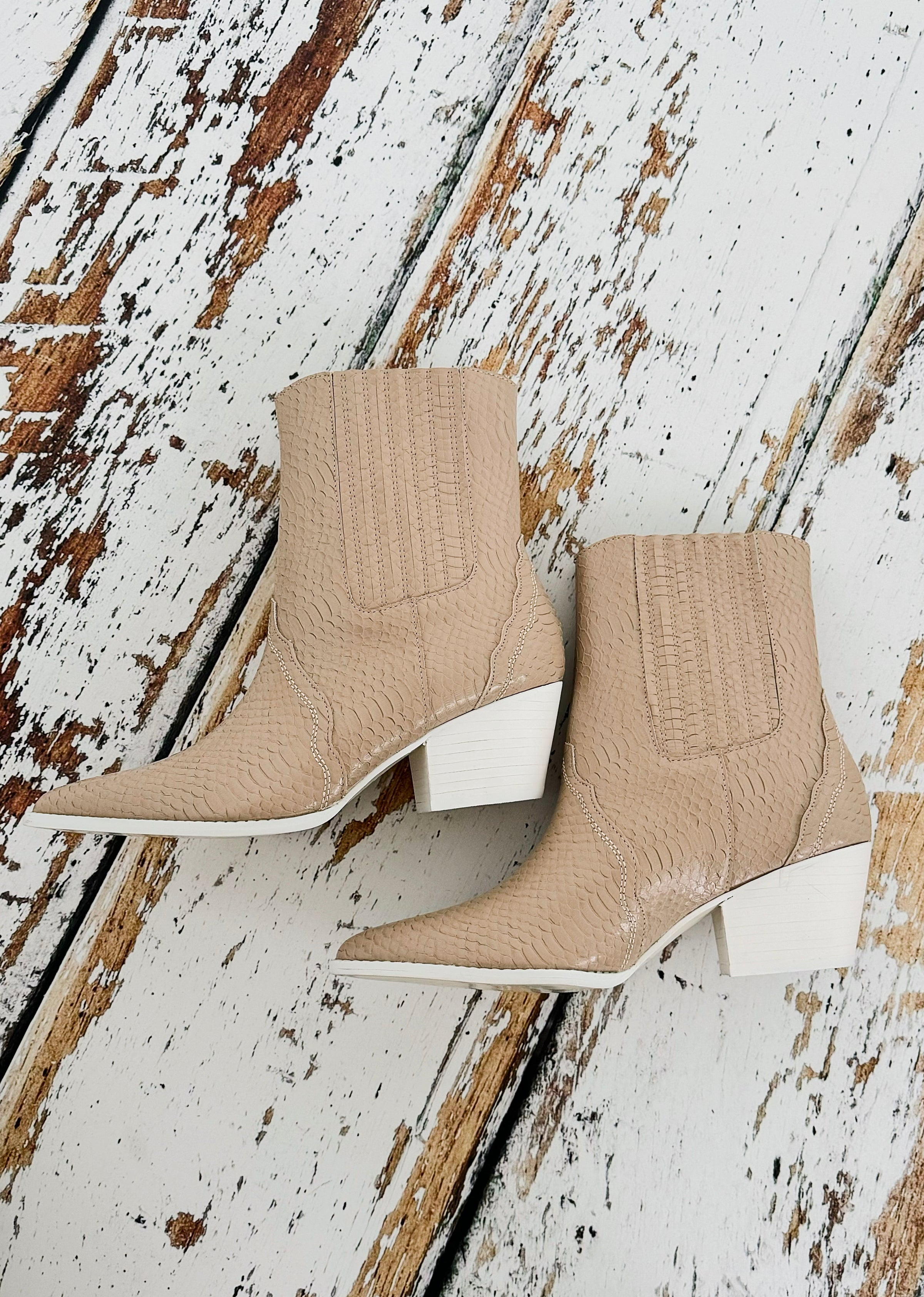 Textured Western Pointed Ankle Boots - Beige-250 Shoes-Oasis Society-Coastal Bloom Boutique, find the trendiest versions of the popular styles and looks Located in Indialantic, FL