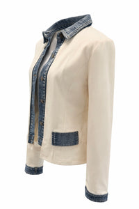 Layered Look Denim Trim Knit Jacket - Ecru