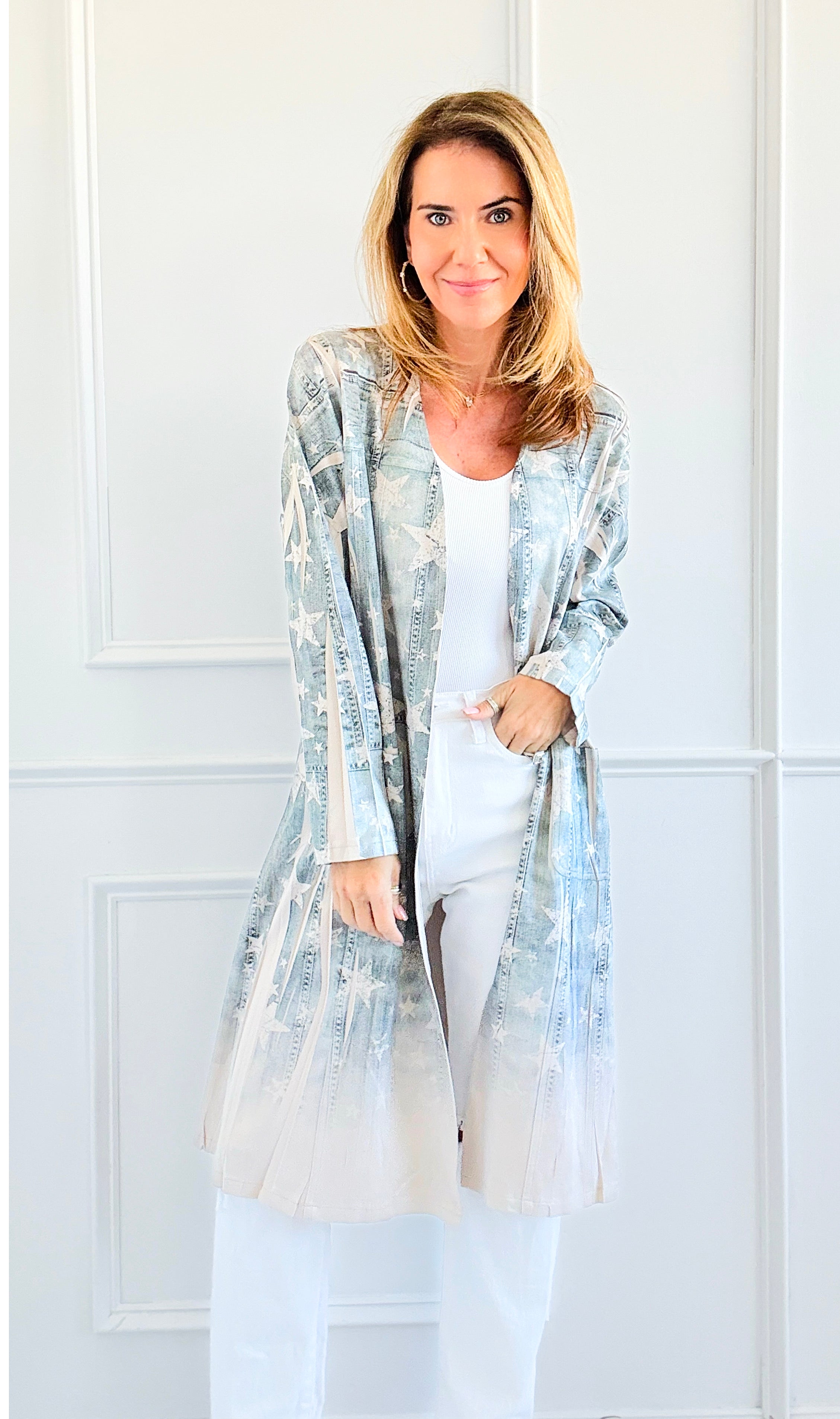 Celestial Starry Denim Long Cardigan-160 Jackets-Origami Fashion Inc-Coastal Bloom Boutique, find the trendiest versions of the popular styles and looks Located in Indialantic, FL