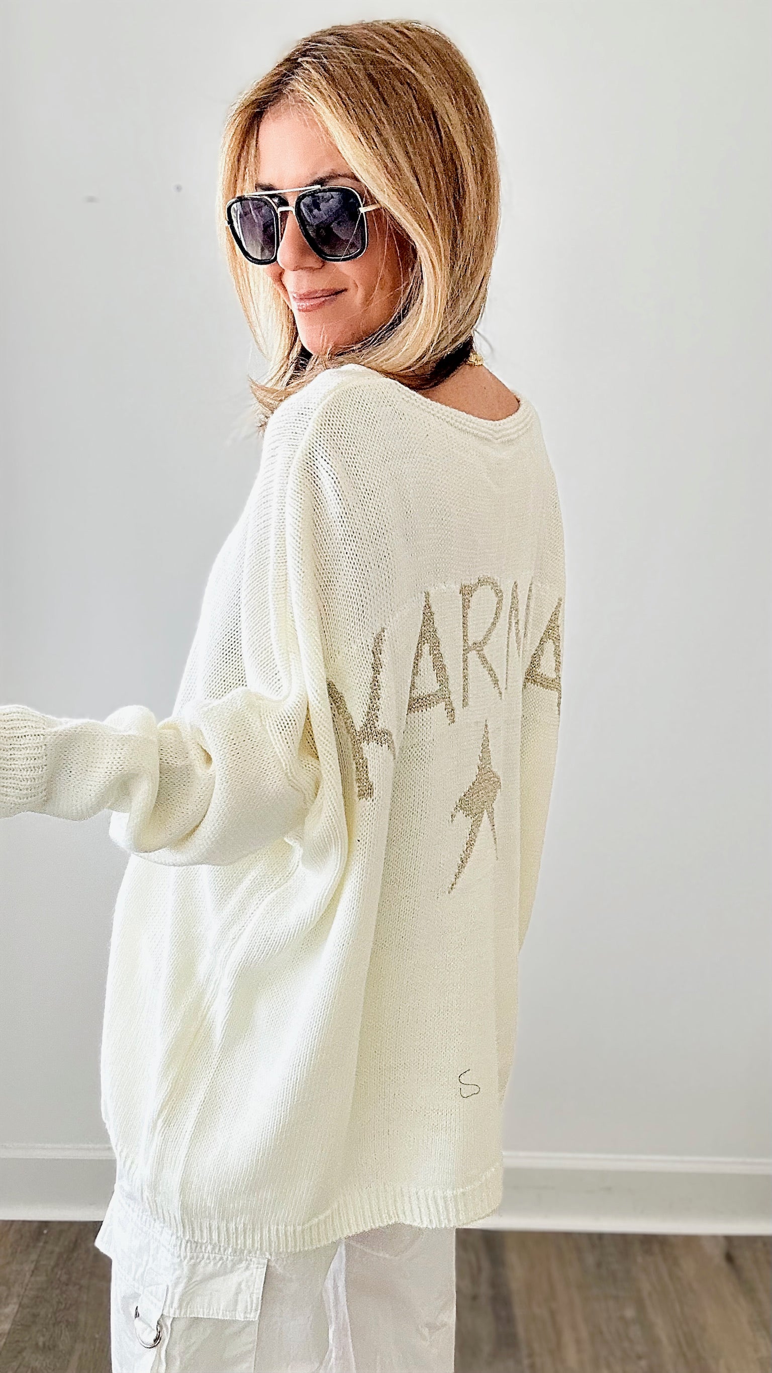 Karma Logo Oversized Knit Sweater-140 Sweaters-VENTI6 OUTLET-Coastal Bloom Boutique, find the trendiest versions of the popular styles and looks Located in Indialantic, FL