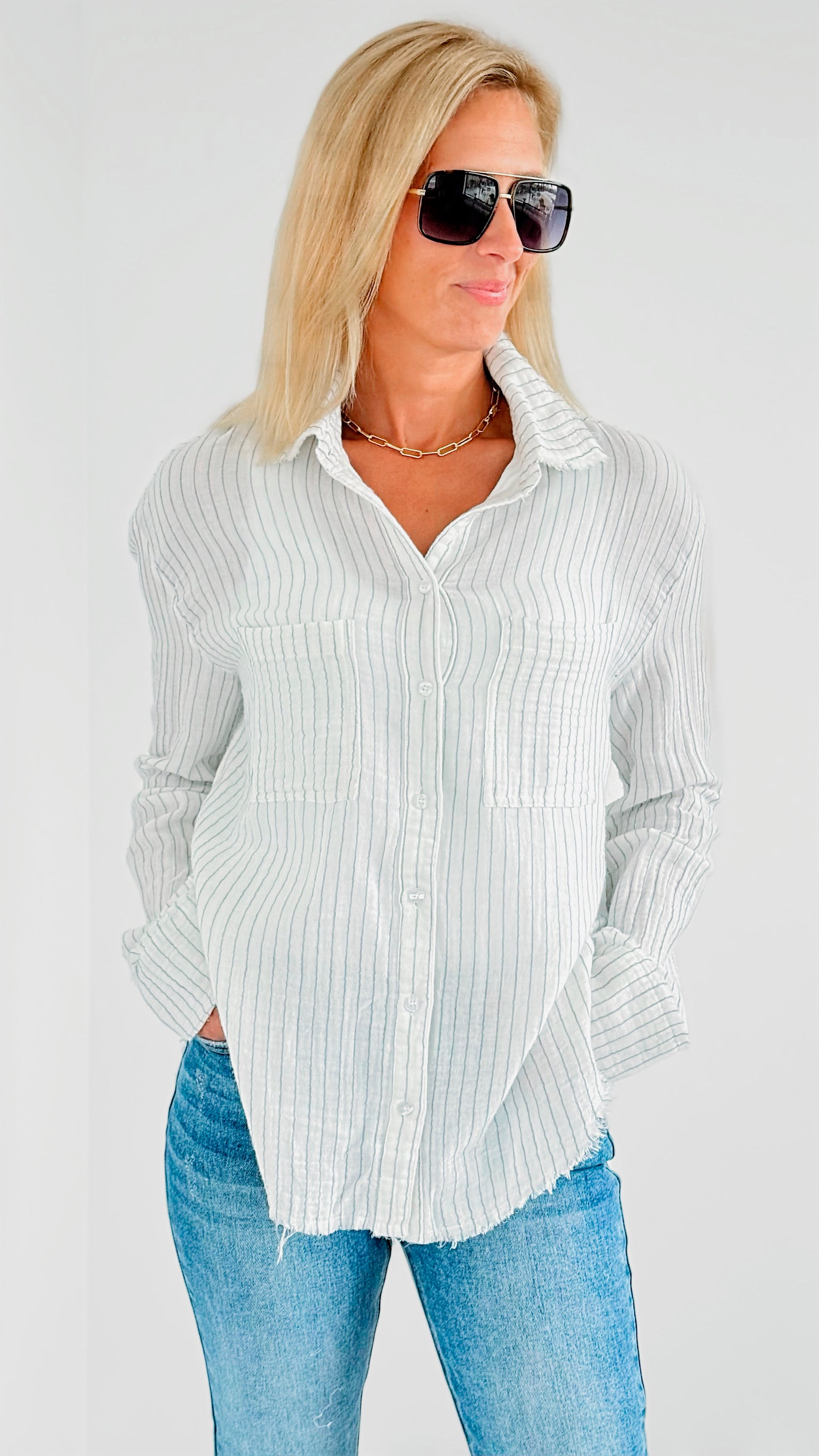 Striped Blouse With Buttons - White-130 Long Sleeve Tops-On Blue-Coastal Bloom Boutique, find the trendiest versions of the popular styles and looks Located in Indialantic, FL