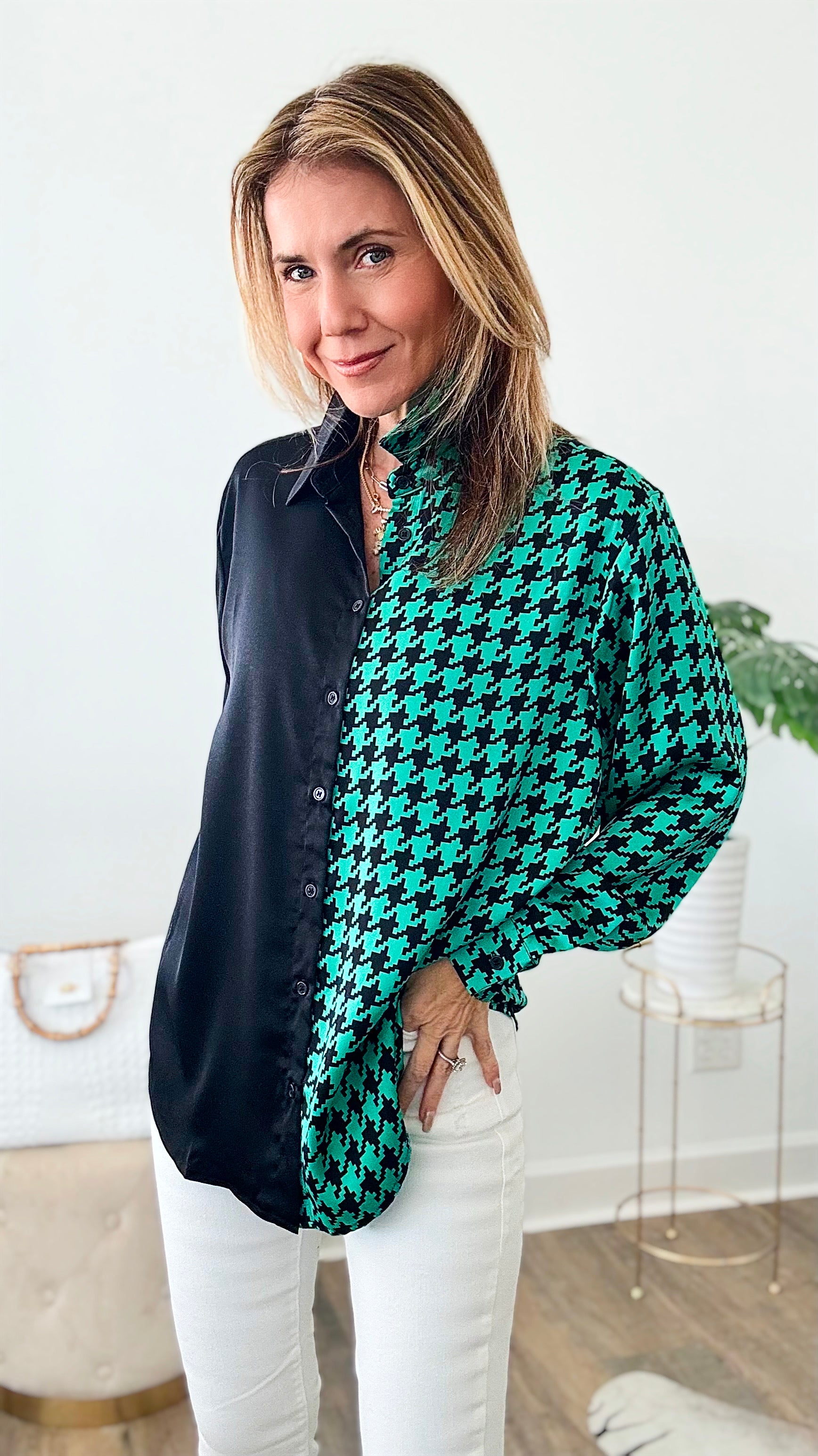 Houndstooth Mix Print Shirt - Kelly Green/ Black-110 Short Sleeve Tops-EESOME-Coastal Bloom Boutique, find the trendiest versions of the popular styles and looks Located in Indialantic, FL