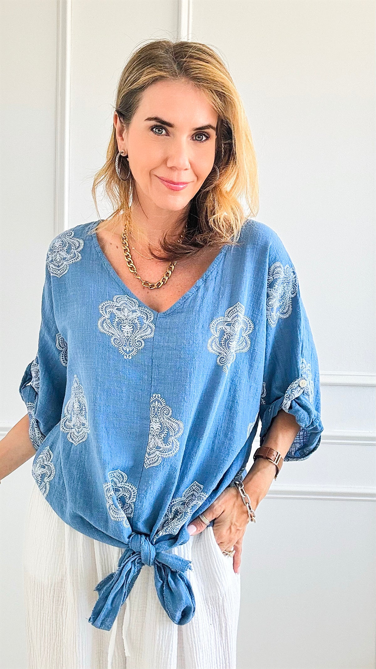 Moroccan Tile Linen Italian Top - Steel Blue-110 Short Sleeve Tops-Italianissimo-Coastal Bloom Boutique, find the trendiest versions of the popular styles and looks Located in Indialantic, FL