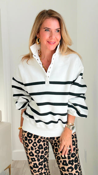 Striped Snap Sweater -  White/Black