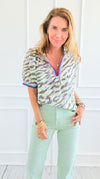 Savanna Breeze Striped Trim Blouse-110 short Sleeve Top-VOY-Coastal Bloom Boutique, find the trendiest versions of the popular styles and looks Located in Indialantic, FL