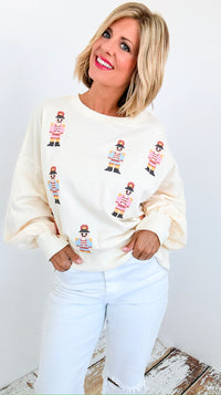 Nutcracker Cross Stitch Sweatshirt-140 Sweaters-Peach Love California-Coastal Bloom Boutique, find the trendiest versions of the popular styles and looks Located in Indialantic, FL