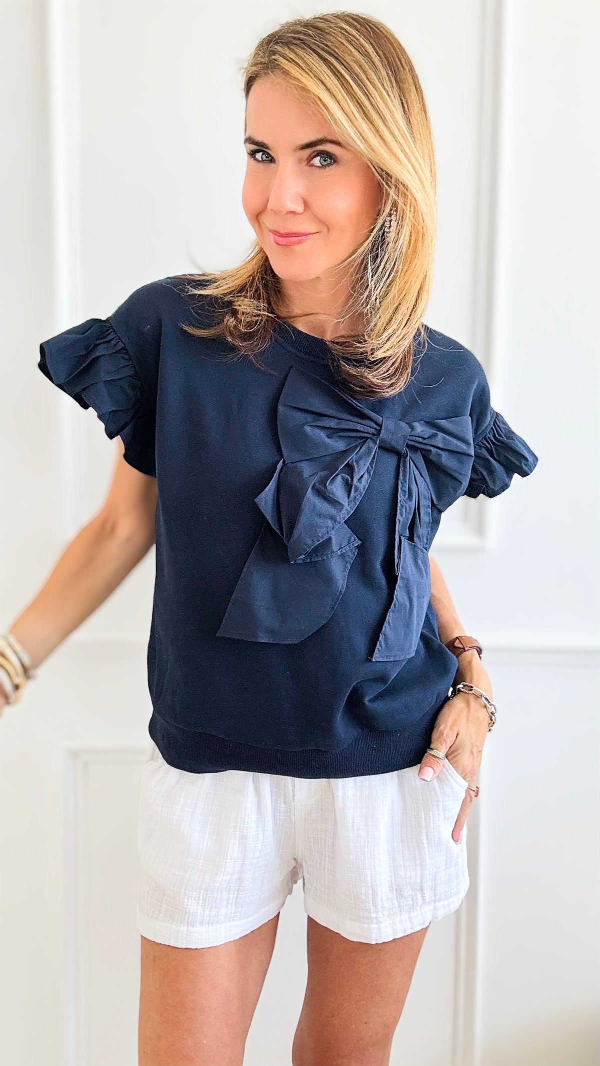 Bow Detailed Ruffle Sleeve Blouse-Navy-110 Short Sleeve Tops-VOY-Coastal Bloom Boutique, find the trendiest versions of the popular styles and looks Located in Indialantic, FL