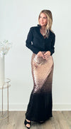 Two-Toned Sequin Maxi Skirt - Black/Rose Gold-170 Bottoms-ShopIrisBasic-Coastal Bloom Boutique, find the trendiest versions of the popular styles and looks Located in Indialantic, FL