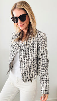 Chic Alert Tweed Zip Jacket - Cream Black-160 Jackets-Rousseau-Coastal Bloom Boutique, find the trendiest versions of the popular styles and looks Located in Indialantic, FL