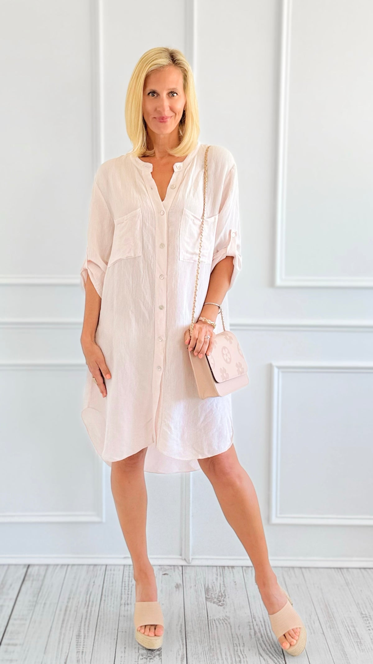 Santorini Chic Button-Down Tunic Dress- Blush-200 Dresses/Jumpsuits/Rompers-V6-Coastal Bloom Boutique, find the trendiest versions of the popular styles and looks Located in Indialantic, FL
