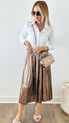 Shiny Pleated Midi Skirt - Bronze-170 Bottoms-Taba Stitch-Coastal Bloom Boutique, find the trendiest versions of the popular styles and looks Located in Indialantic, FL