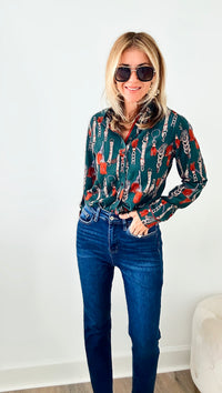 Long Sleeve Green Bridle Design Shaped Fit Shirt-130 Long Sleeve Tops-Grenouille-Coastal Bloom Boutique, find the trendiest versions of the popular styles and looks Located in Indialantic, FL