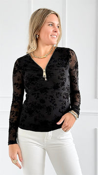 Velvet Floral Mesh Top-130 Long Sleeve Tops-7Mango7-Coastal Bloom Boutique, find the trendiest versions of the popular styles and looks Located in Indialantic, FL