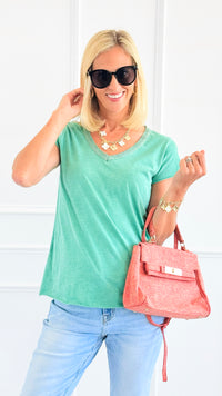 Shimmer Trim V-Neck Italian Top- Mint-110 short Sleeve Top-SARL LACOMY-Coastal Bloom Boutique, find the trendiest versions of the popular styles and looks Located in Indialantic, FL