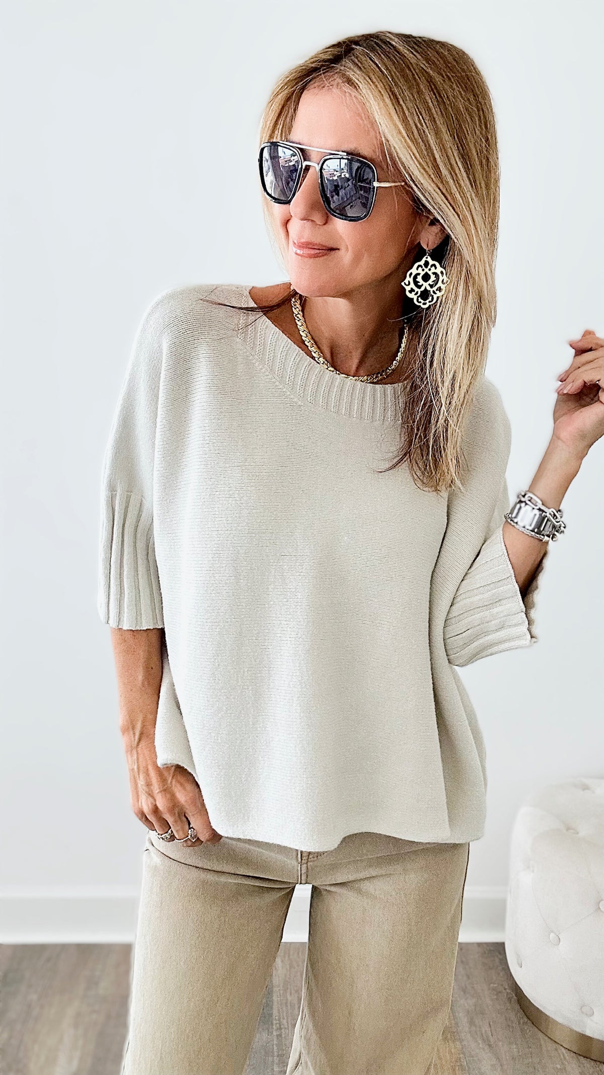 Break Free Round -Neck Italian Sweater Top - Ecru-140 Sweaters-yolly-Coastal Bloom Boutique, find the trendiest versions of the popular styles and looks Located in Indialantic, FL