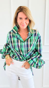 Tartan Ruffle Bell Sleeve Italian Blouse-170 Bottoms-TATTOO Z-Coastal Bloom Boutique, find the trendiest versions of the popular styles and looks Located in Indialantic, FL
